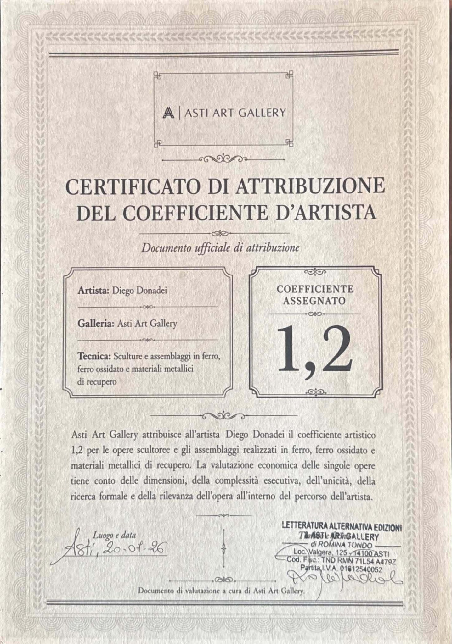 Certificato di attribuzione del coefficiente 1,2 a Diego Donadei, Asti Art Gallery, con timbro e firma